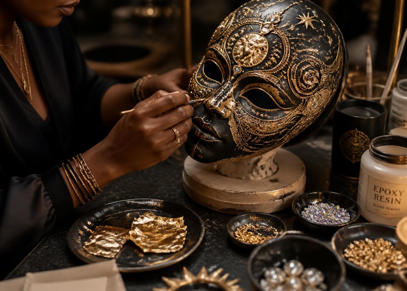 An African American artisan setting crystals and filigree into a sculptural mask in the studio