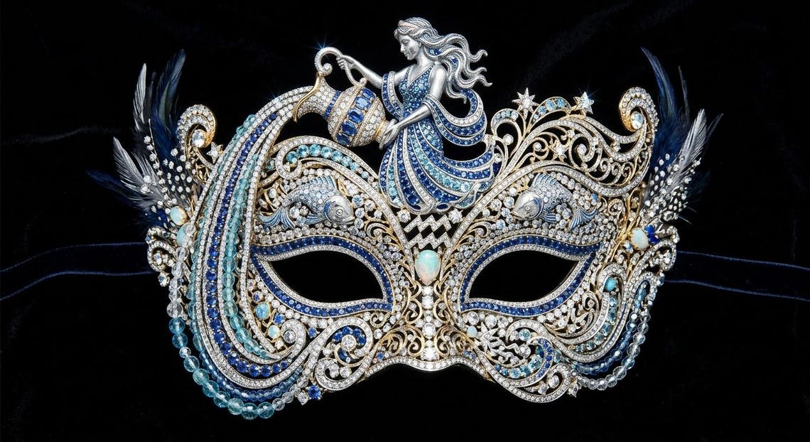 Aquarius — Water Bearer — Silver figure, blue crystals, deep blue plumes