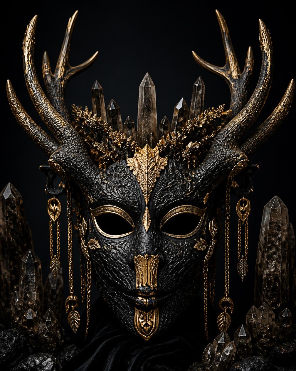 Cernunnos — Horned God — Antlered black mask with smoky quartz