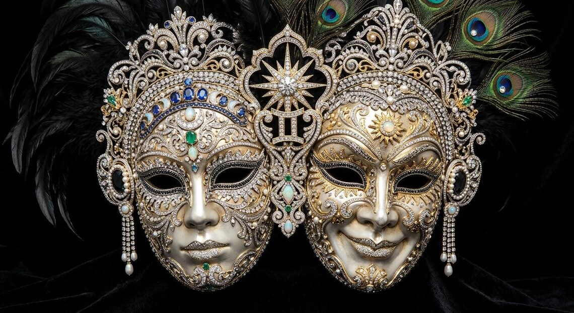 Gemini — Twin Faces — Dual-faced mask with peacock plumes