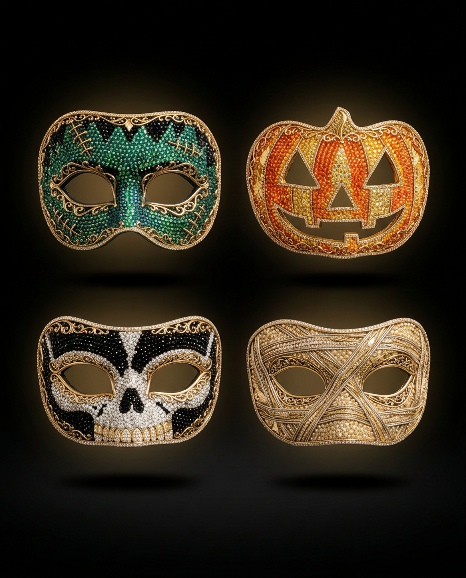 Hallow's Quartet — Four crystal-pavé masks in gold filigree